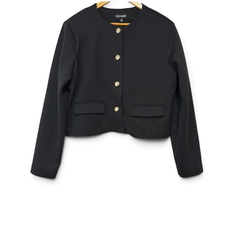 Steve Madden Black Cropped Blazer Jacket Gold Crest Buttons XL Collarless Scuba